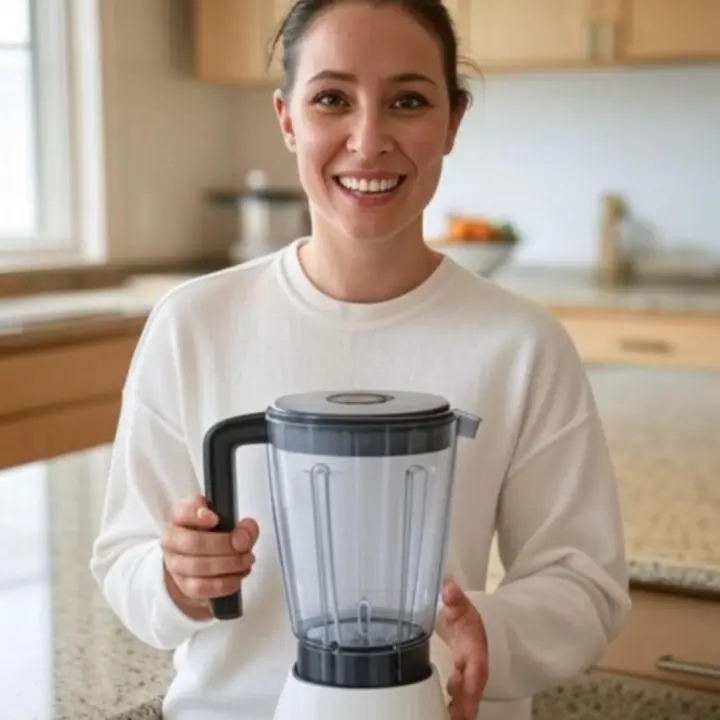 Klientka w domowej kuchni przegląda opinie o produktach na laptopie podczas gotowania.