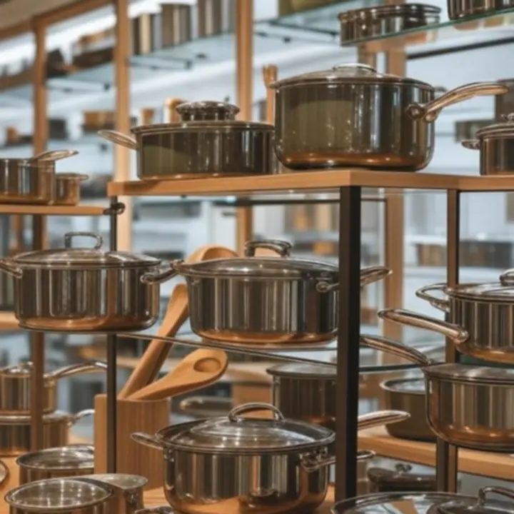 Elegancka ekspozycja premium garnków, patelni i akcesoriów kuchennych w nowoczesnej kuchni.