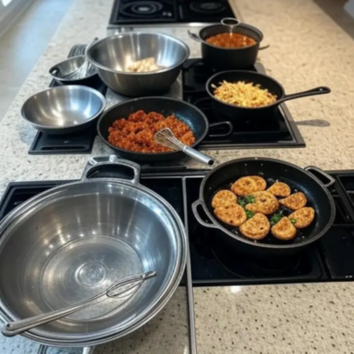 Przestronna kuchnia z rozłożonymi akcesoriami kuchennymi na blacie